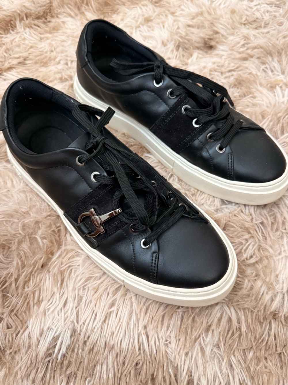 Salvatore Ferragamo Black Leather Sneakers with White Soles